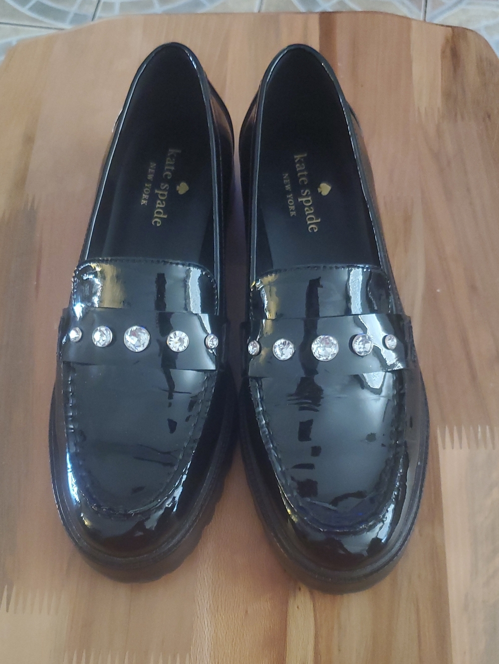 kate spade black patent loafer with crystal studs